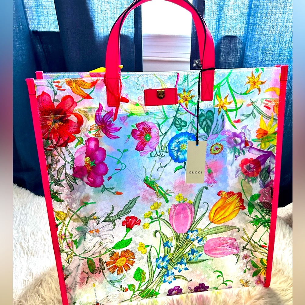 GUCCI Textured Vinyl Flora Printed Tote Bag w/ pink Leather Straps